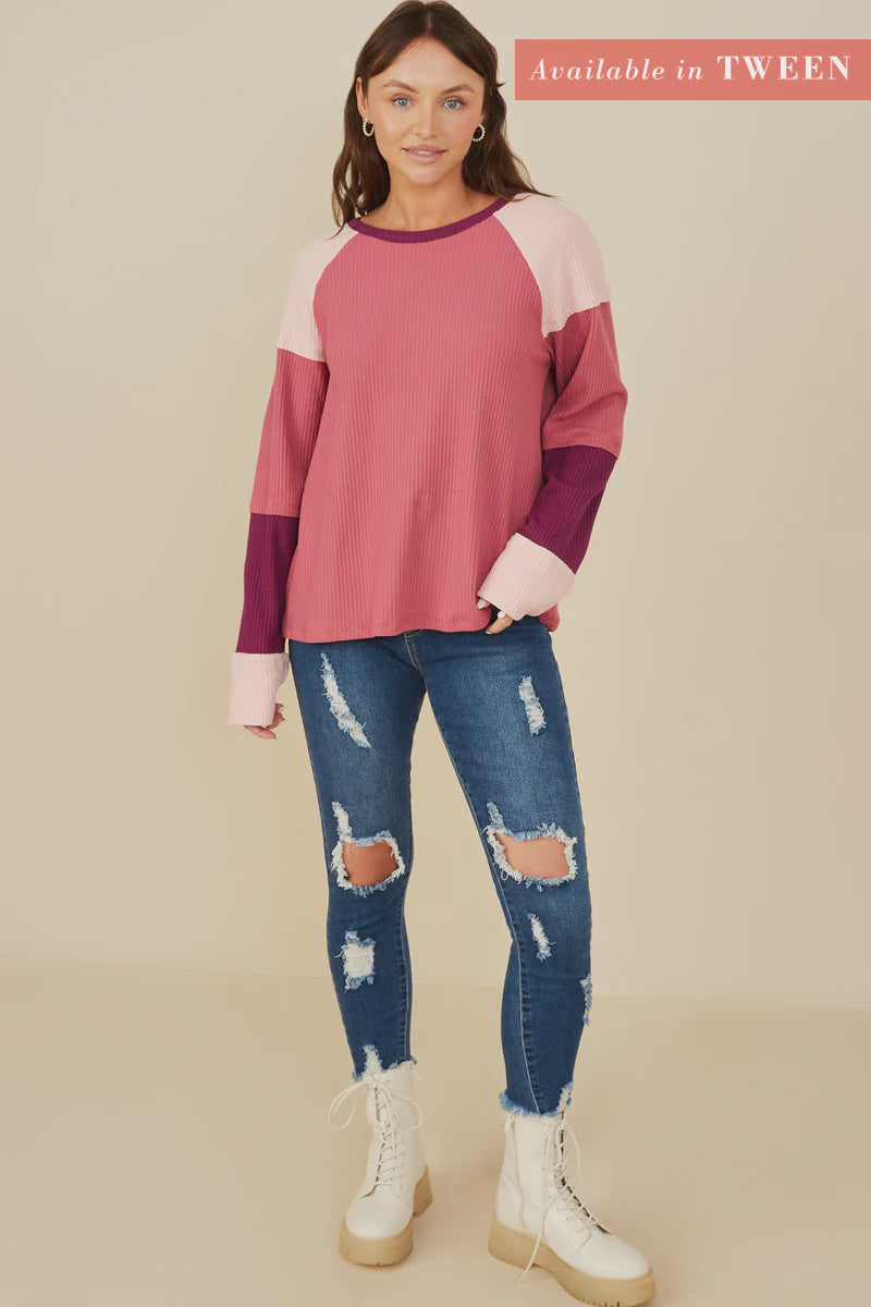 Girls Color Block Ribbed Knit Long Sleeve Top