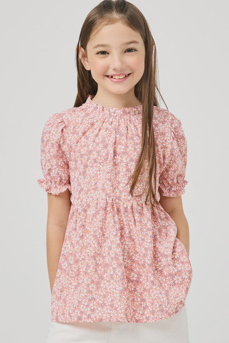 Girls Ditsy Floral Short Sleeve Ruffled Babydoll Top