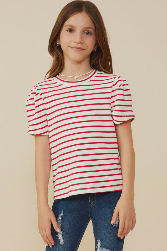 Hayden Girls Pleated Puff Sleeve Stripe Knit T-Shirt