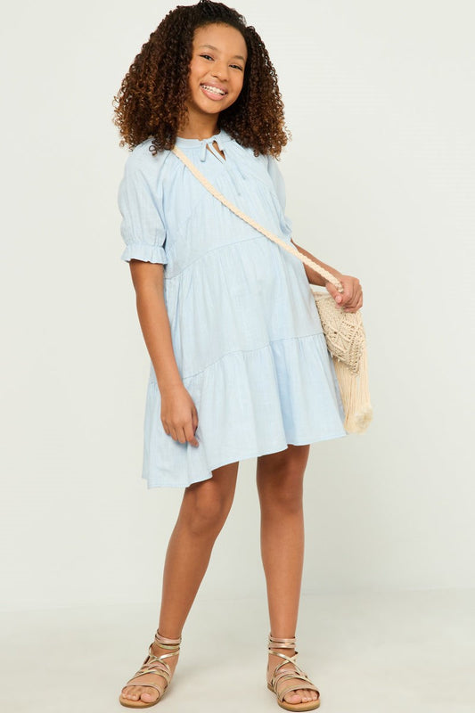 Girls V Neck Tie Detail Cinch Sleeve Dress