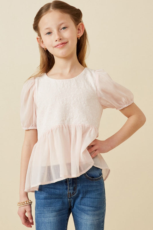 Girls Floral Contrast Panel Chiffon Peplum Top