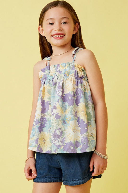 Girls Soft Floral Ruffled Bodice Tank